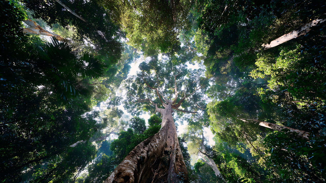 looking upwards at a tree canopy
