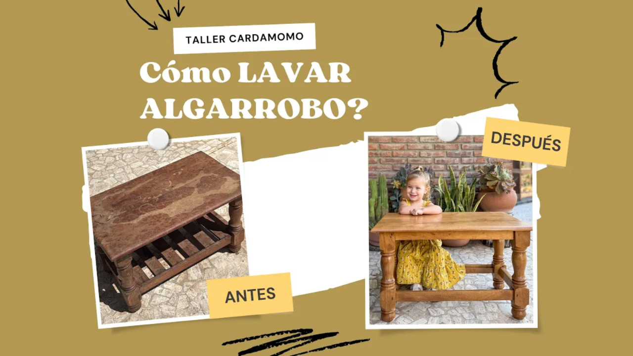 Mesa de algarrobo restaurada con protección satinada y técnica de lavado