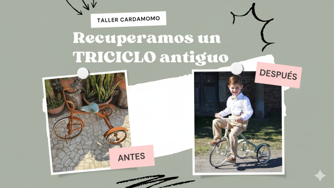Triciclo antiguo restaurado con técnica de desoxidación y pintura vintage