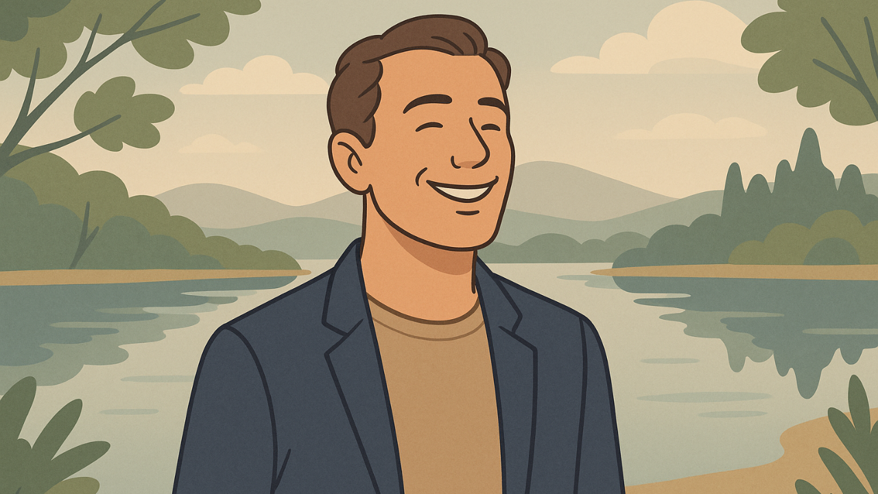 Illustrasjon av en rolig leder som står ved et vann omgitt av natur, med øynene lukket og et uttrykk av trygghet og refleksjon. Myke farger i blågrå, sand og grønn palett – i tråd med Bevisst Ledelse sin visuelle stil.