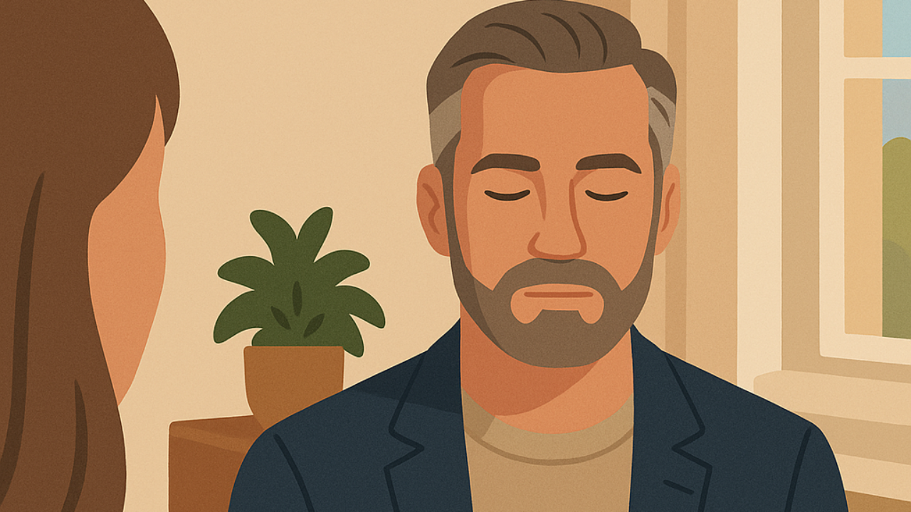 Illustrasjon av en rolig leder i refleksjon – symbol på trygg og bevisst ledelse.