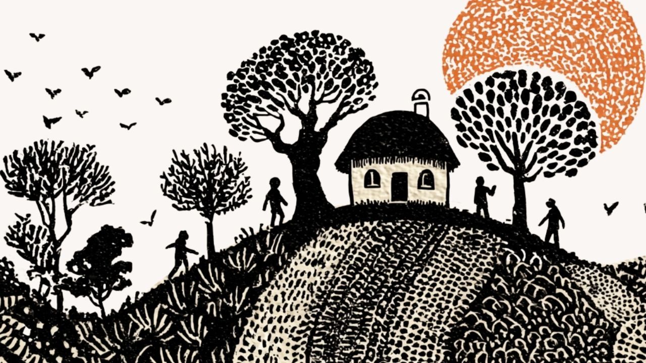 Low-impact strawbale roundhouse surrounded by gardens and young trees, illustrating one‑planet living.