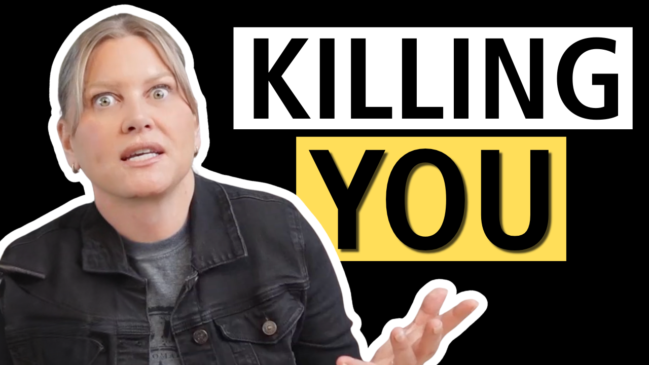 Shelly Hansen wide-eyed and shocked beside bold text reading KILLING YOU on a black and yellow background, representing the impact of chronic stress on your health