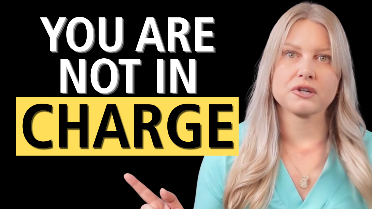 Shelly Hansen podcast thumbnail with the text You Are Not In Charge on a black background with yellow block lettering