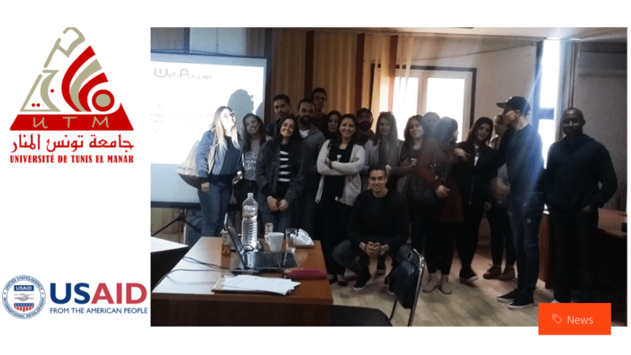 Ines Nasri conducting a USAID-backed digital marketing training for PhD and master’s students, covering SEO, social media, and brand storytelling.