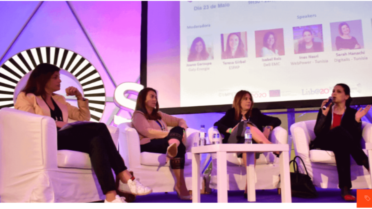 Ines Nasri speaking on the Top Women in Technology Panel at the Portugal Smart Cities Summit in Lisbon, discussing STEM careers and female leadership.