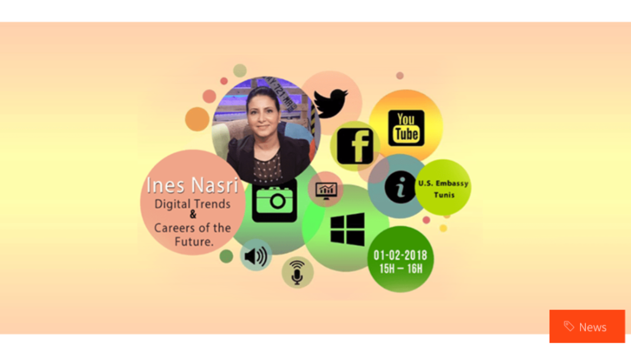Ines Nasri presenting a workshop on digital marketing trends and future careers at the American Center, US Embassy Tunis, inspiring students and professionals.