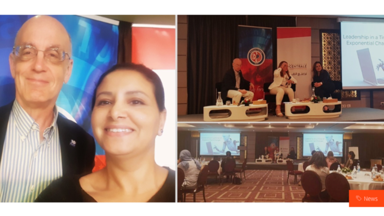 Ines Nasri participating in the “Being a Leader in Changing Times” debate hosted by AmCham Tunisia, discussing leadership and digital transformation.