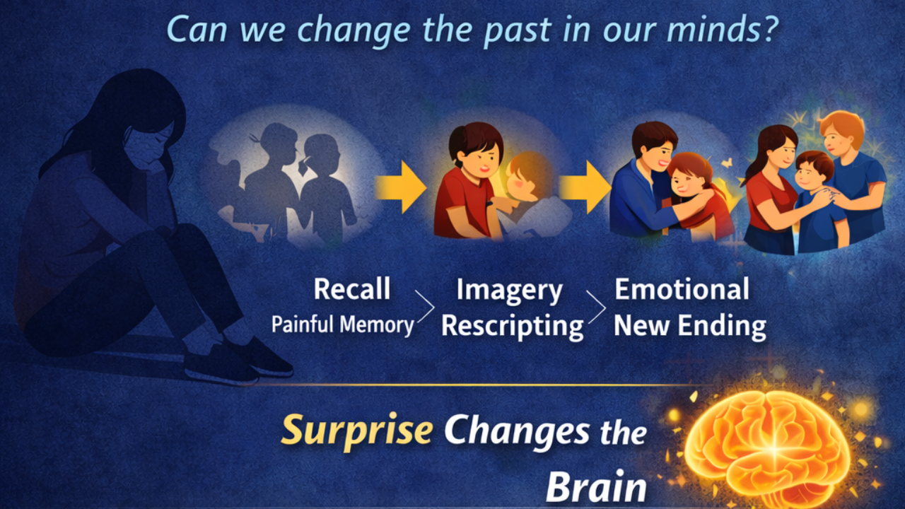 Infographic illustrating imagery rescripting and memory reconsolidation, showing how recalling painful memories and introducing a supportive new outcome can change emotional responses in the brain.
