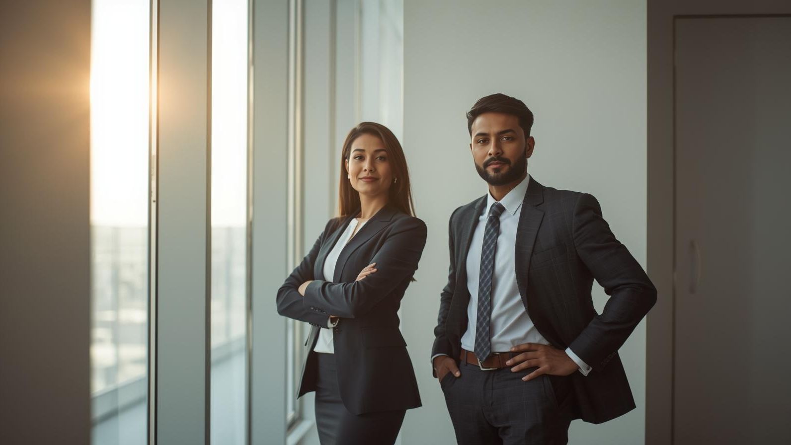 high-end, minimalist business photograph featuring a confident professional standing near a large window with soft natural light. The person should appear calm, centered, and self-assured, symbolizing inner confidence and personal growth. Use a modern office or clean architectural interior with neutral tones, subtle depth of field, and an elegant, premium aesthetic. No text on the image.
