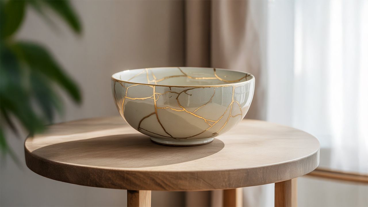 a kintsugi bowl sitting on a round table symbolizing how scars can lead to healing