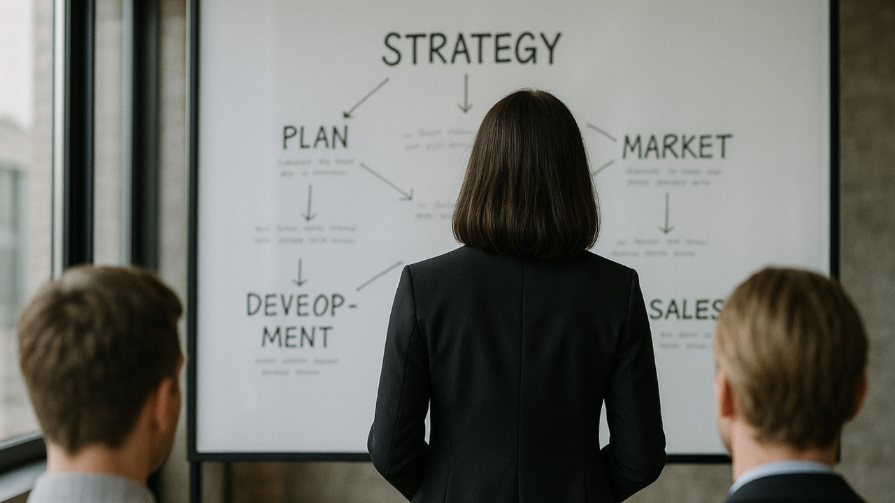 Founder presenting a go-to-market strategy framework outlining planning, market, development and sales stages