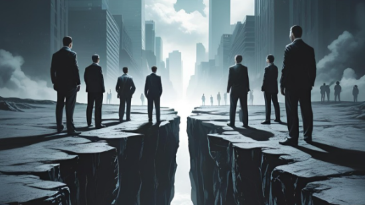 Business professionals confronting a widening gap in the city, depicting leadership in moments of uncertainty.