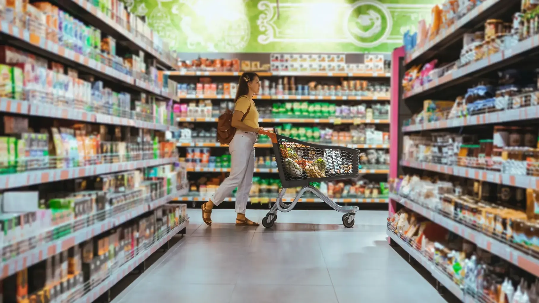 Woman in grocery aisle with cart