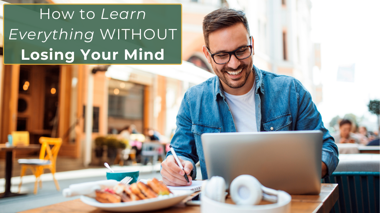 A multipassionate surrounded by books, a laptop, and art supplies, mapping out skills and projects visually, showing how layered learning connects passions.