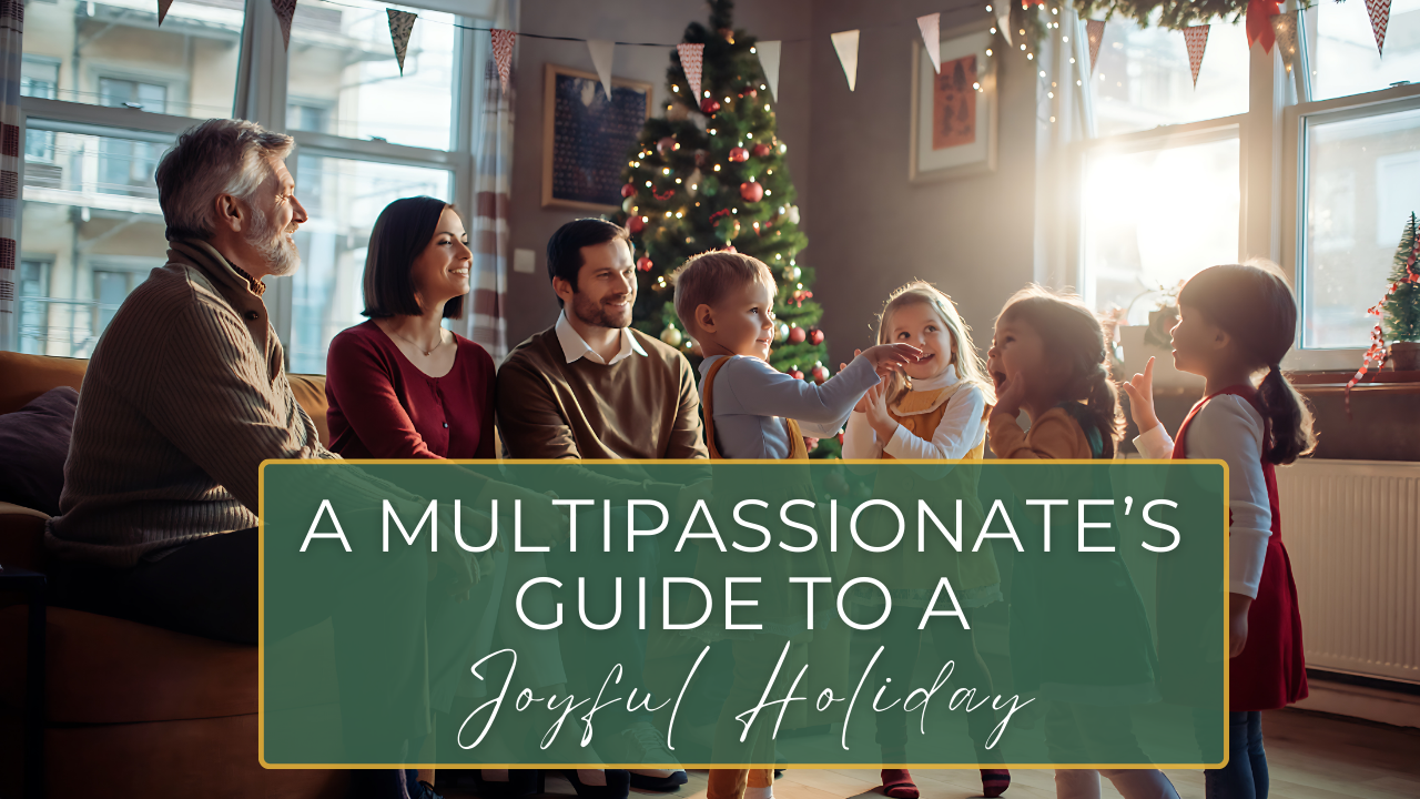 Cozy holiday scene with gifts, candles, and notebooks, representing a calm and joyful multipassionate holiday.