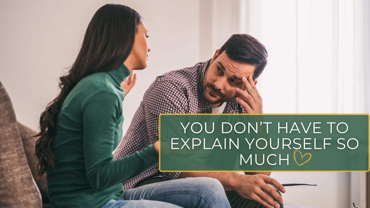 A person mid-stride on a winding path, leaving behind speech bubbles filled with crossed-out explanations—symbolizing walking forward without over-explaining.