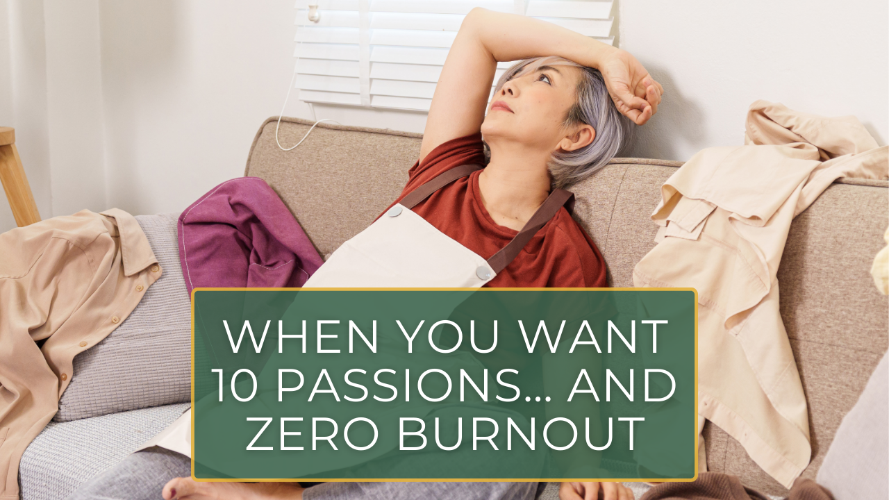 Journal, warm mug, and scattered creative tools representing multiple passions in a calm, organized layout.