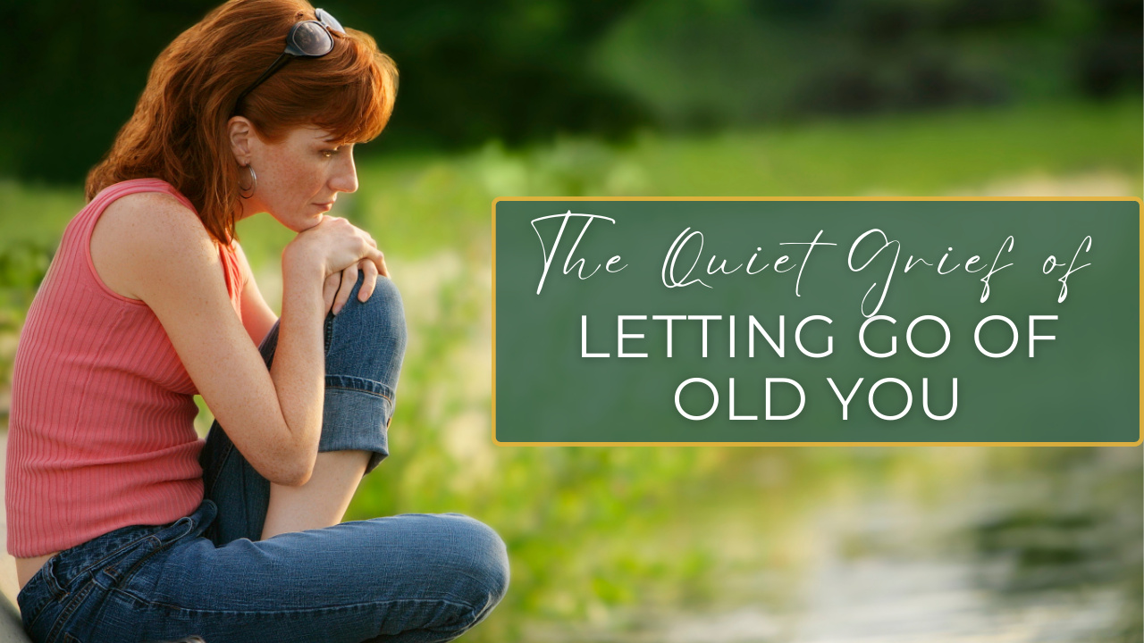 Soft illustration of a person releasing paper lanterns into the sky, symbolizing letting go of old versions of oneself.