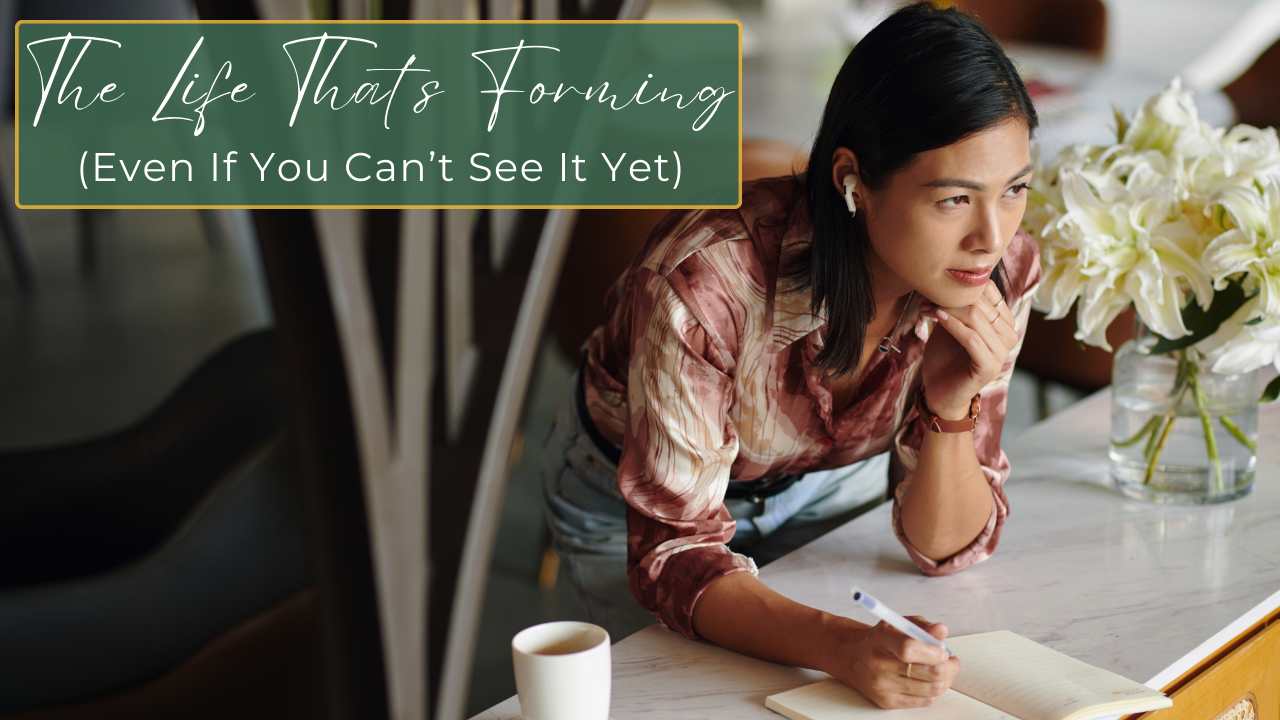 Scattered wooden beams slowly forming the outline of a house frame, symbolizing a life taking shape over time.