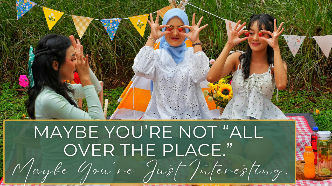 A colorful collage of diverse hobbies—books, instruments, tools, sketches—scattered confidently across a table, symbolizing intentional curiosity rather than chaos.