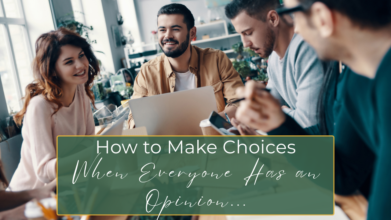 A multipassionate at a desk surrounded by thought bubbles, sticky notes, and clocks, visually representing choice overload and filtering decisions.