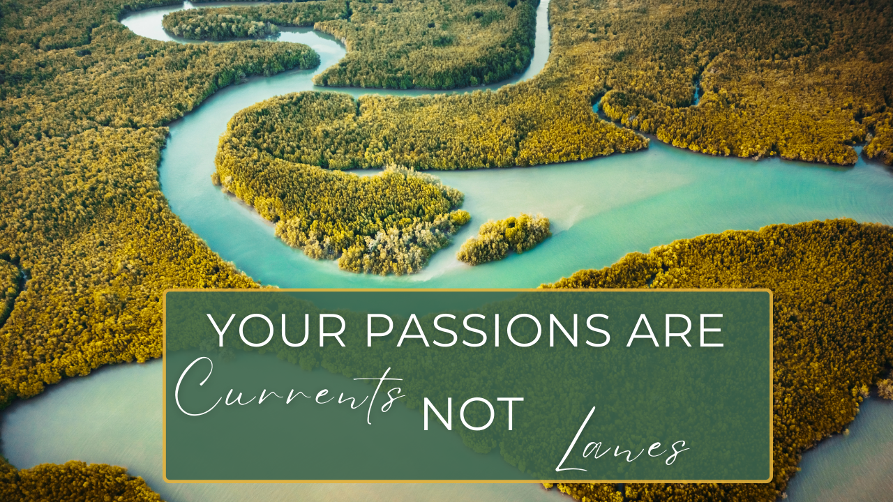 A river splitting into multiple streams, winding through a lush landscape, symbolizing layered passions, natural flow, and dynamic creativity for multipassionates.