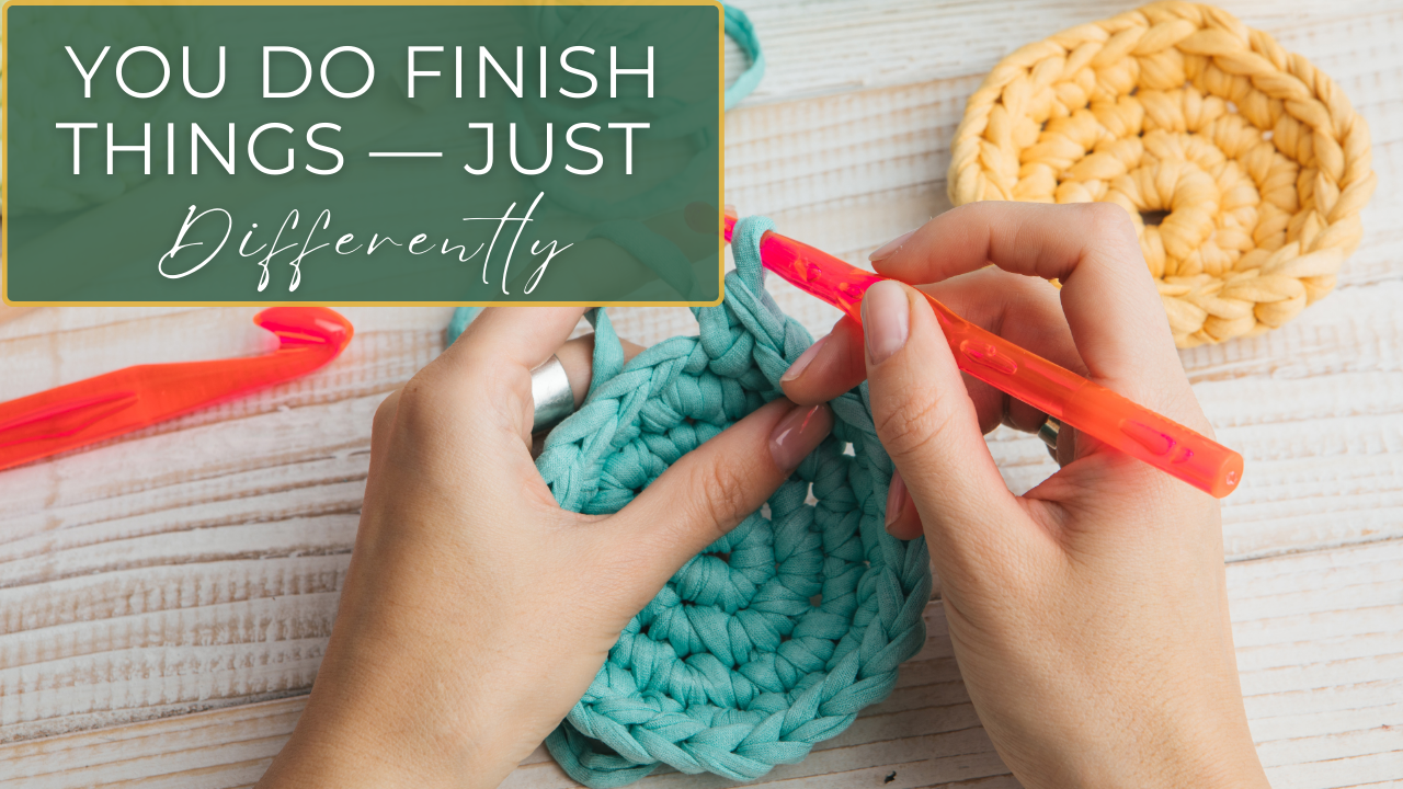 Illustration of a multipassionate juggling colored threads, each representing a project, with some threads leading to completed pieces.