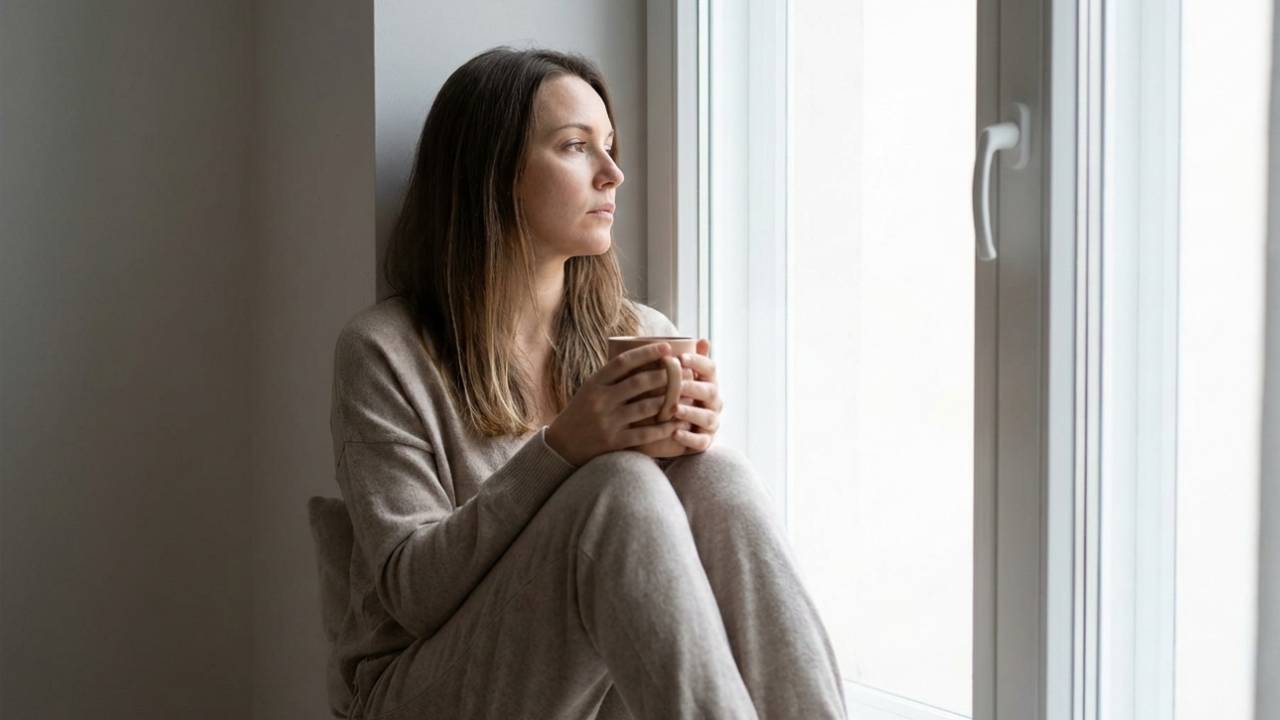 A woman sits by a window with a pensive expression, holding a mug, representing the introspective struggle of fearing attention after weight loss.
