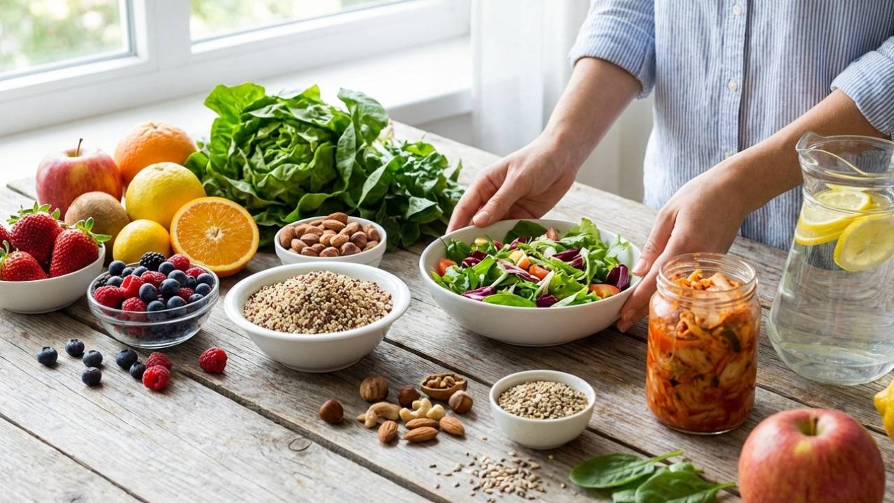 A person preparing a salad on a wooden table filled with a variety of whole foods including fresh fruits, vegetables, nuts, quinoa, kimchi, and a pitcher of lemon water, representing a balanced diet.