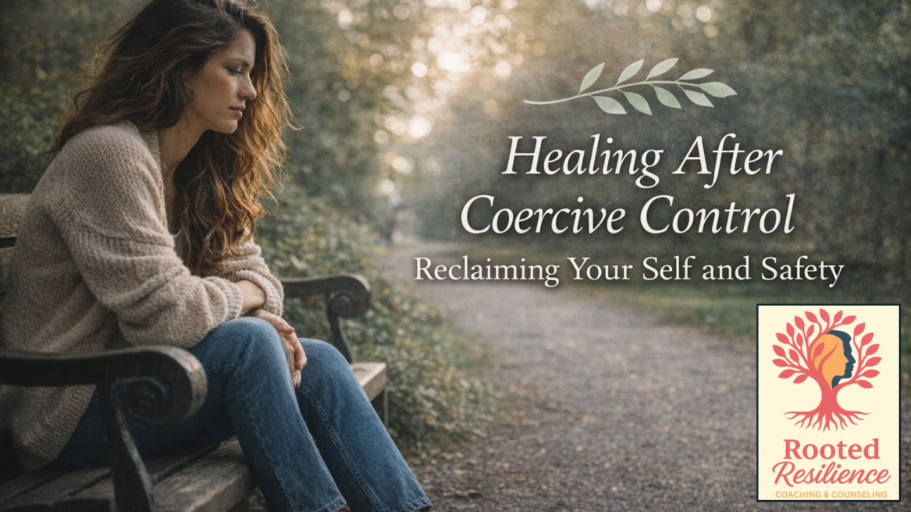 Woman sitting thoughtfully on park bench surrounded by nature representing healing and recovery after coercive control and emotional manipulation.