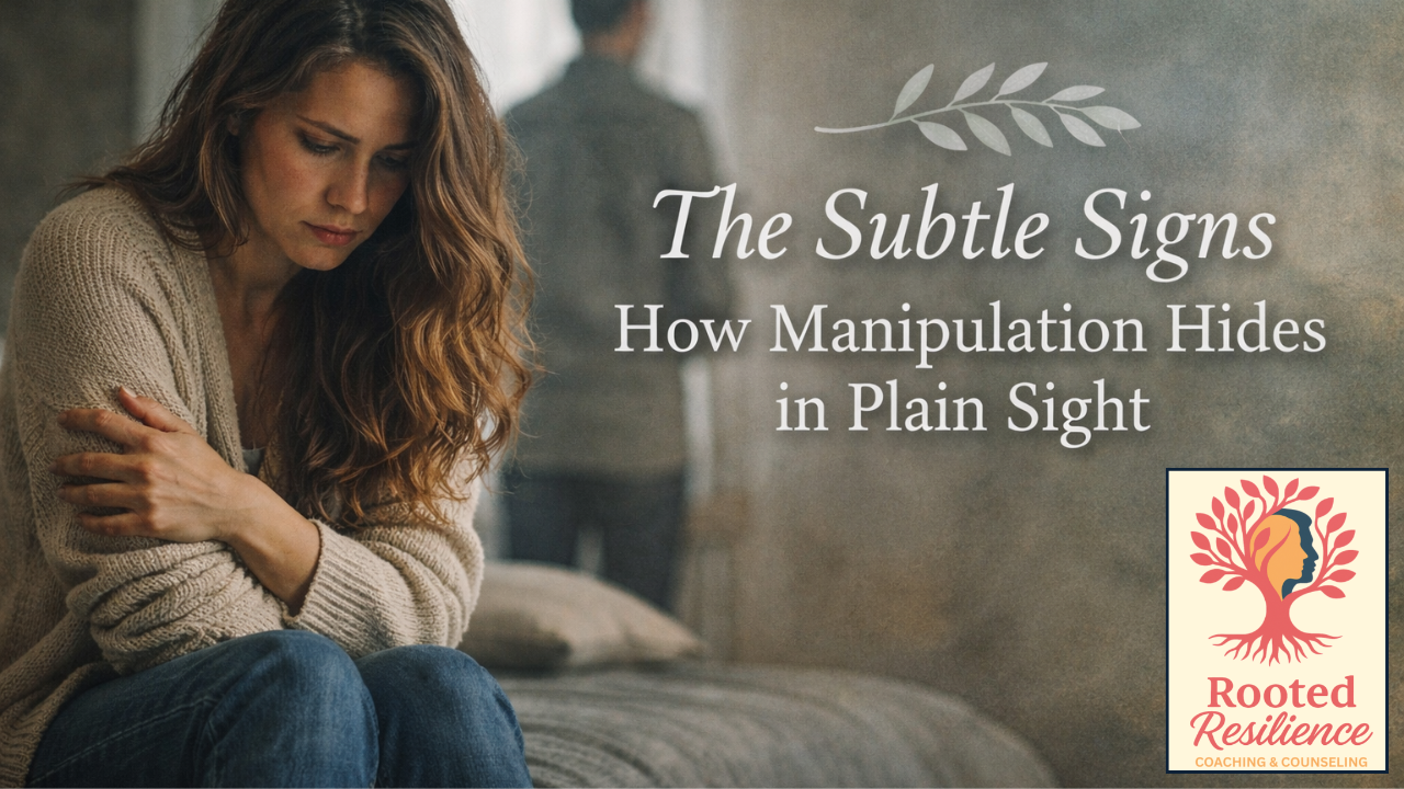 Woman sitting alone looking uncertain while partner stands distant in background, representing emotional manipulation and coercive control in relationships.