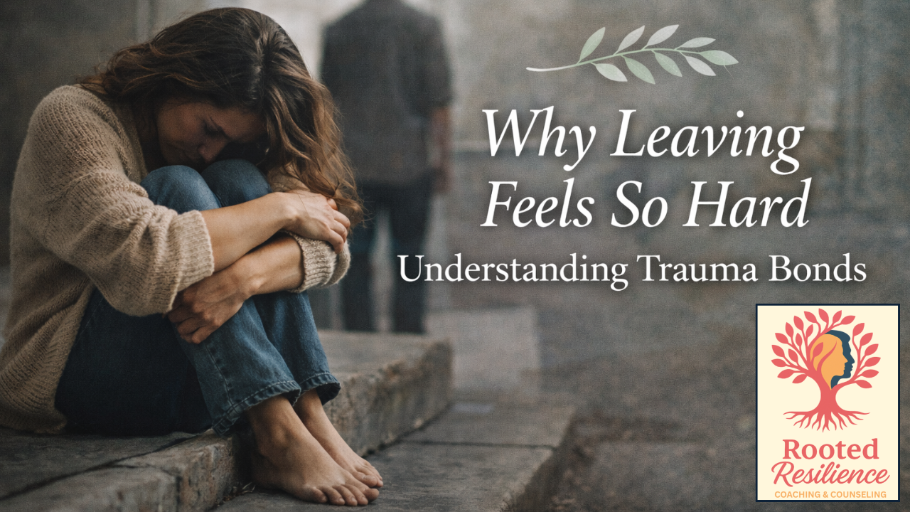 Woman sitting alone looking uncertain while partner stands distant in background, representing emotional manipulation and coercive control in relationships.