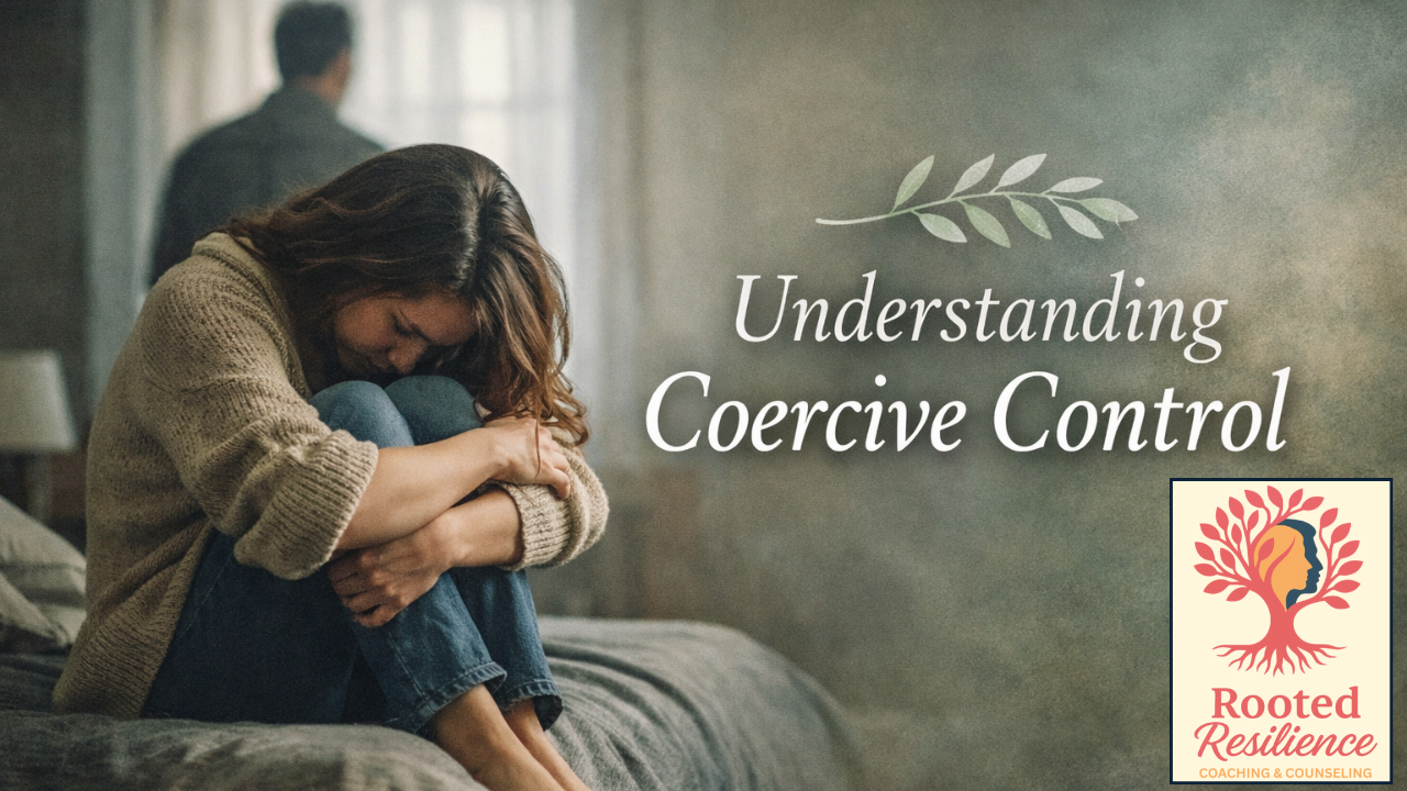 Woman sitting on bed in emotional distress while partner stands distant in background, representing coercive control and relational manipulation.