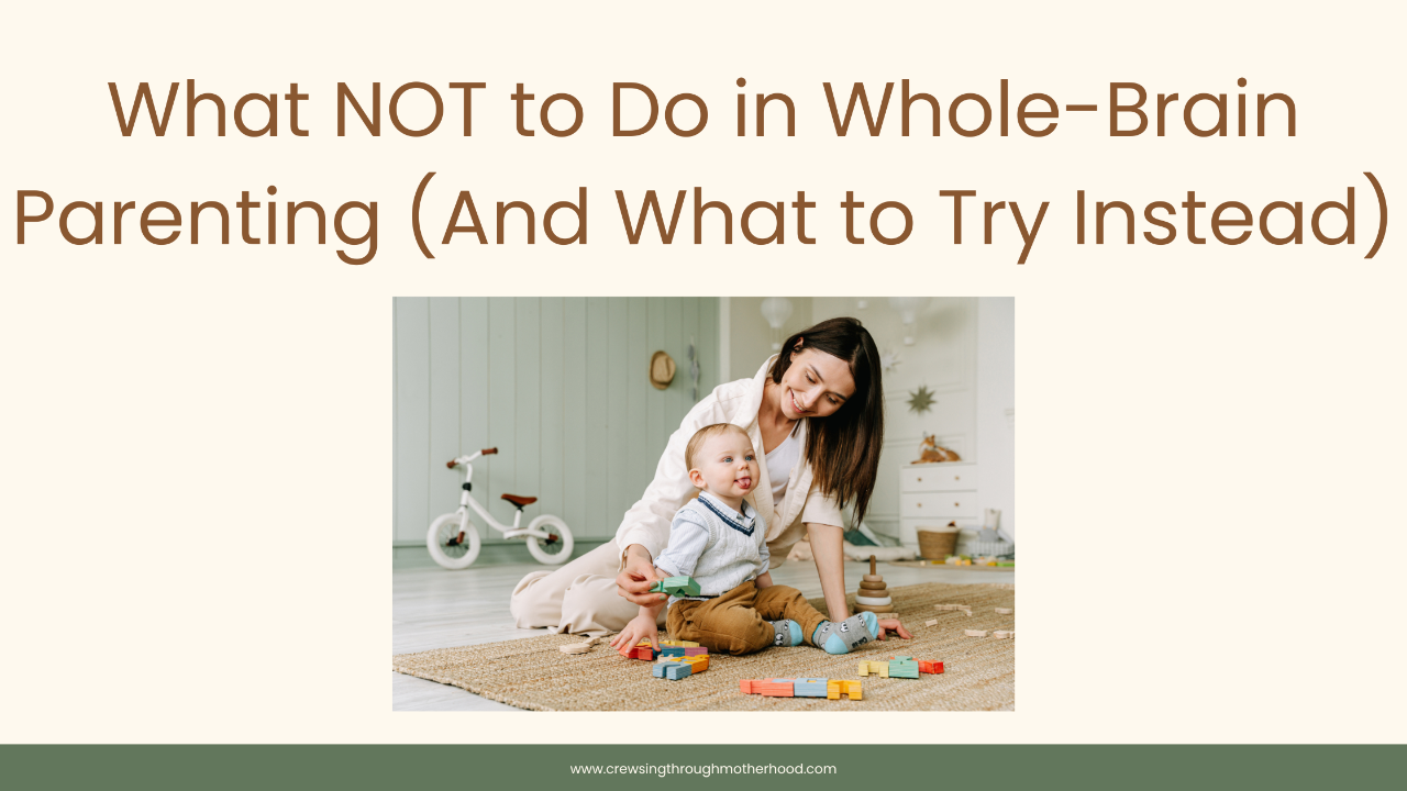 Mother playing on the floor with her toddler using wooden blocks, illustrating a connected and supportive approach aligned with whole-brain parenting.