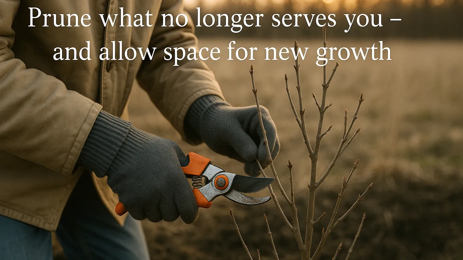 Photorealistic image of a person pruning bare branches at sunset, symbolising letting go of what no longer serves and creating space for new growth at the end of the year.
