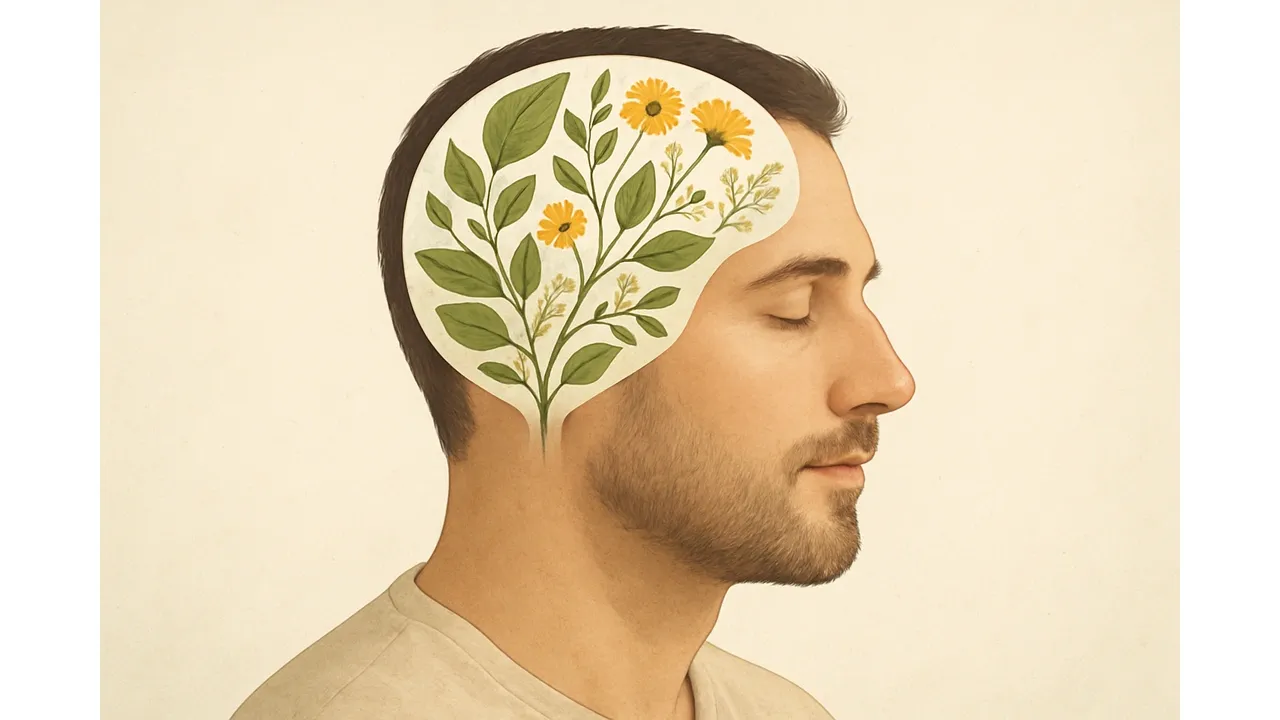 Illustration of a calm mind with nature growing inside, symbolising mental retraining and transformation.