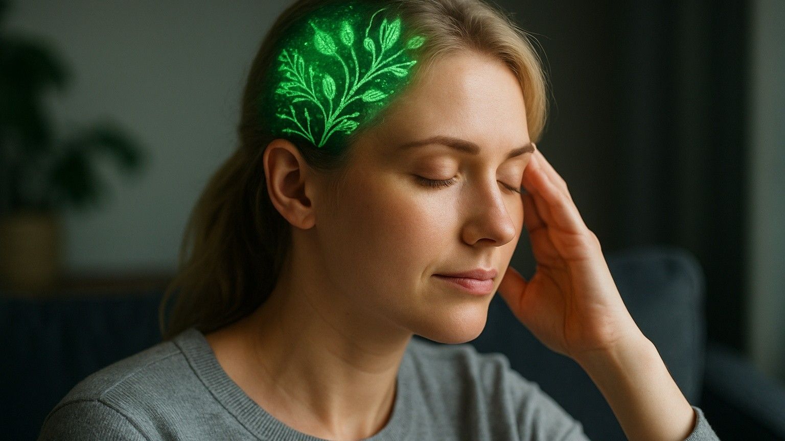 Photorealistic image of a calm blonde woman with a glowing green plant-like mind design symbolising stress relief and restored mental balance through hypnotherapy.