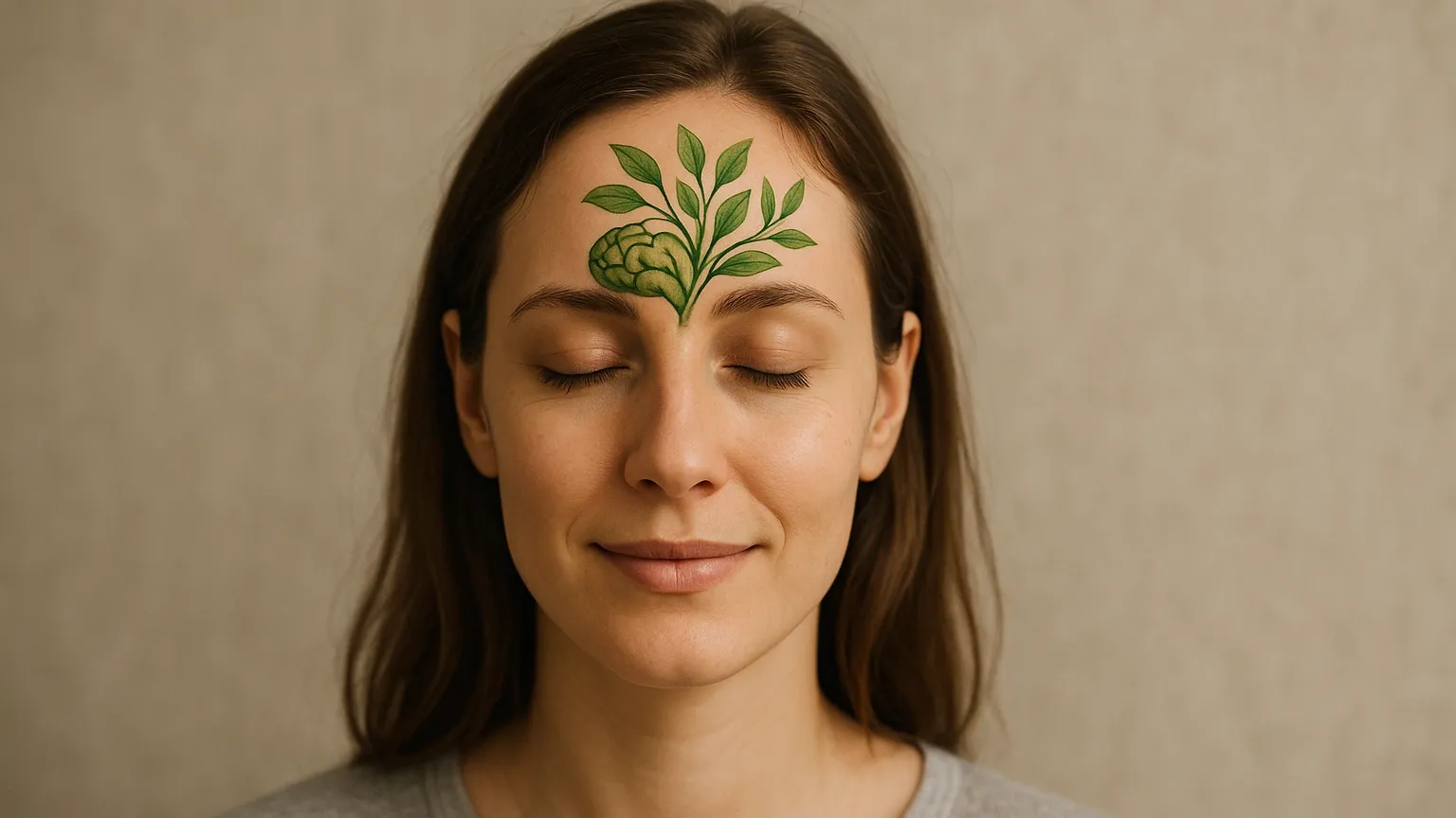 Photorealistic calm woman with a green plant‑like mind design symbolising reduced health anxiety and restored reassurance, representing mind retraining and nervous‑system calming.