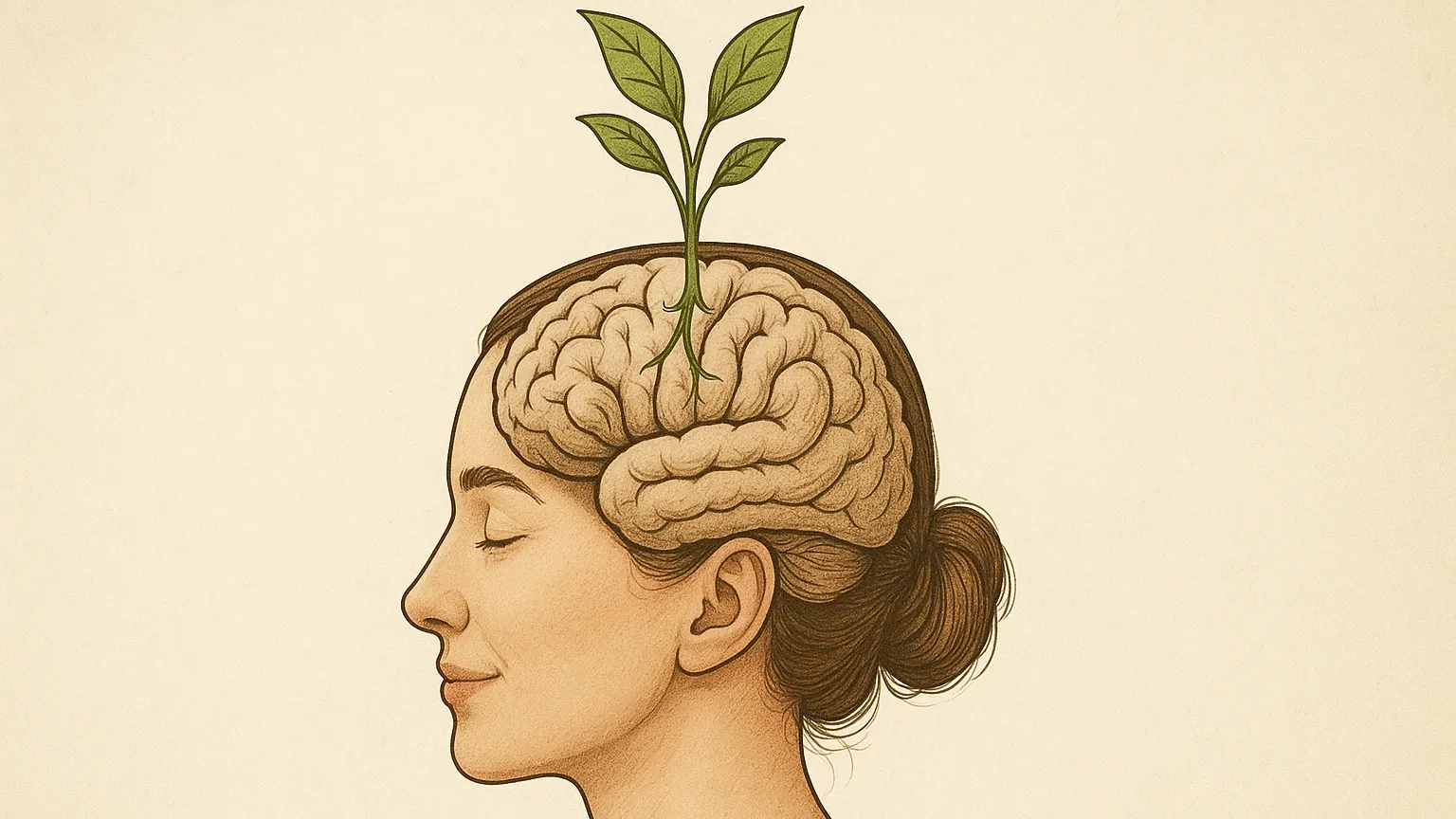 Illustration of a calm woman with small green plant shoots growing from the brain area, symbolising gradual subconscious change and social anxiety improvement through hypnotherapy.