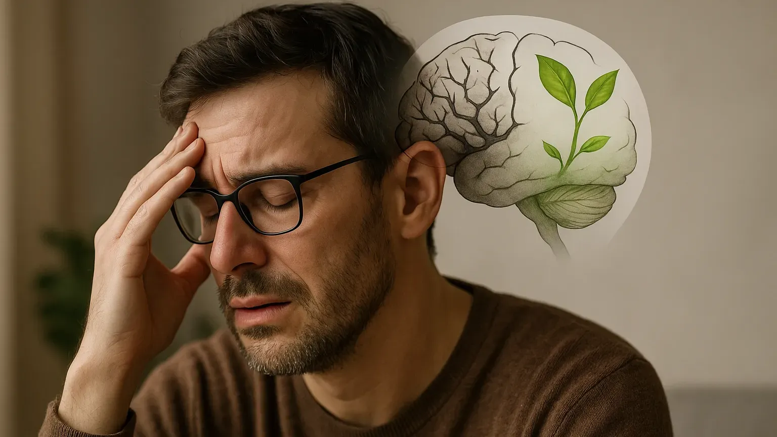Photorealistic image of a relieved man with glasses as a thorny, tangled brain design transforms into clear green shoots, symbolising phobia relief and a retrained mind through hypnotherapy.