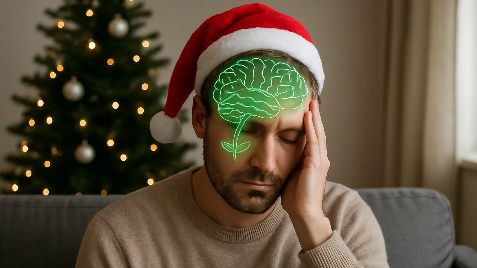 Photorealistic man in his mid-30s wearing a Santa hat with a green plant-like brain graphic, symbolising a post-Christmas emotional reset, reduced stress, and restored mental balance through hypnotherapy.