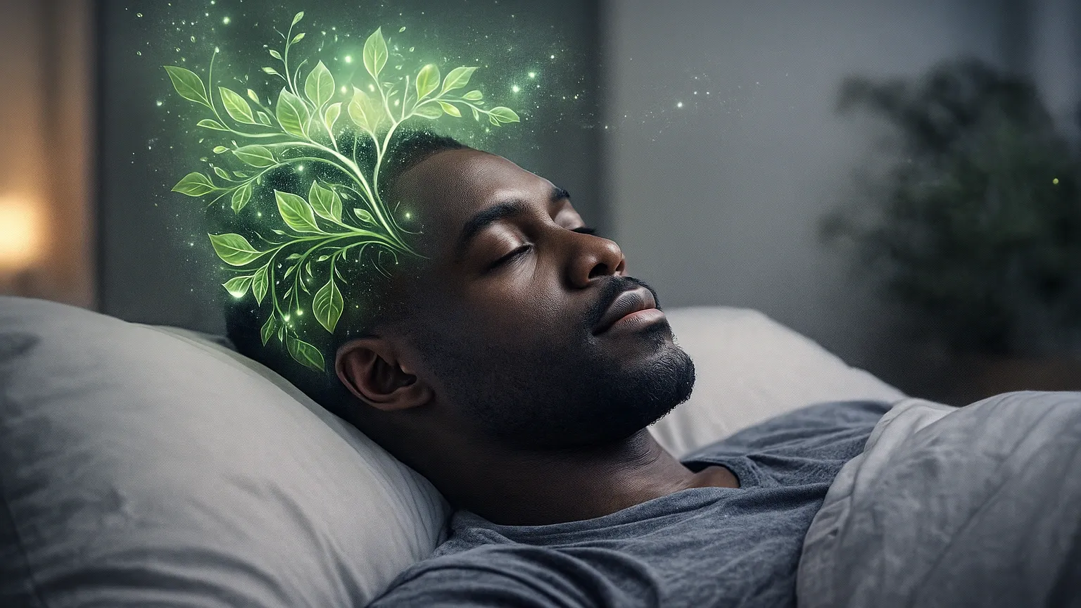 Photorealistic image of a calm dark-skinned man sleeping with a glowing green plant-like mind design symbolising improved sleep through hypnotherapy.