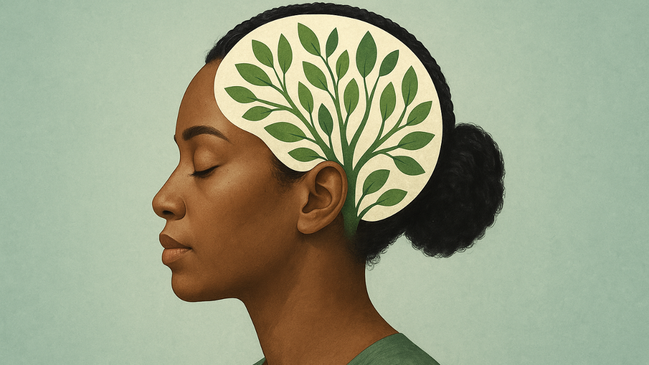 Photorealistic image of a calm woman with a green, plant like mind design, symbolising emotional wellbeing, inner balance, and subconscious retraining.