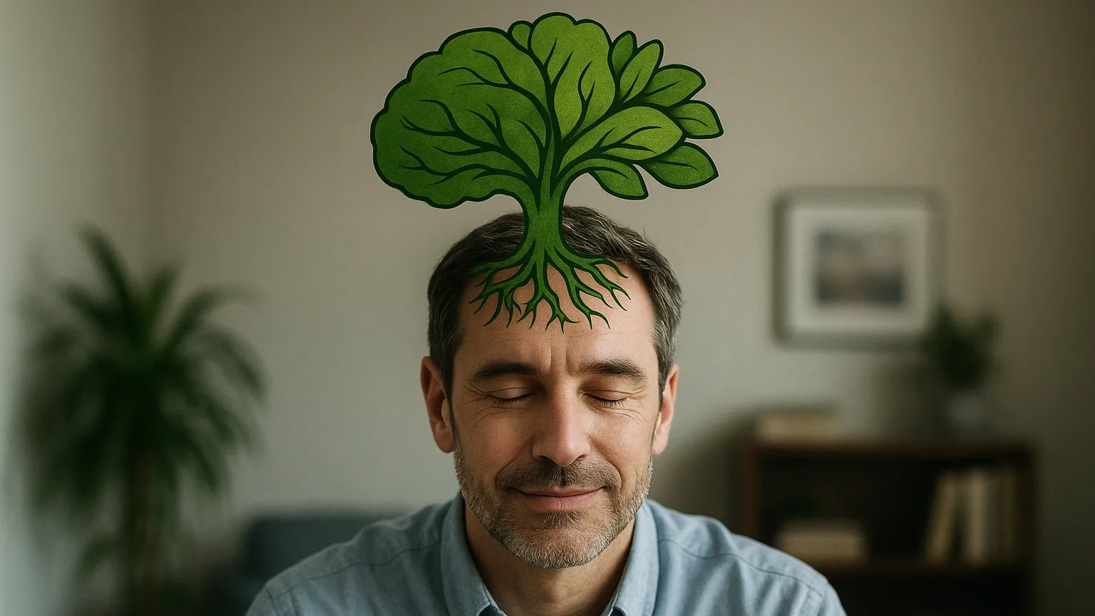 Photorealistic professional man relieved after overcoming imposter syndrome, with a green plant-like mind design symbolising retrained subconscious self-belief through hypnotherapy.