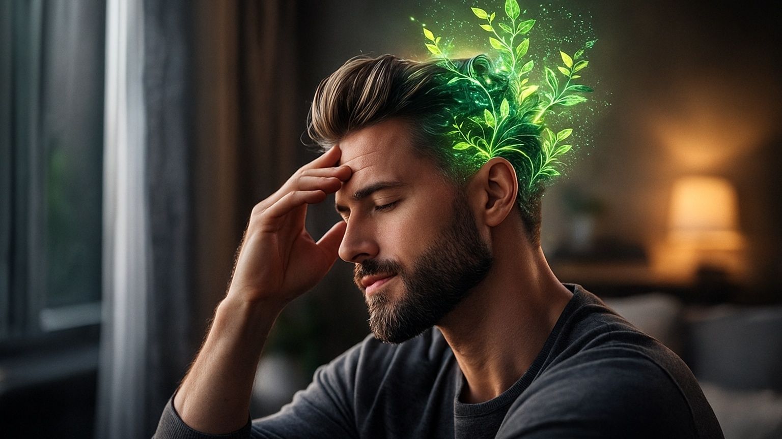 Photorealistic image of a thoughtful man with his hand against his forehead, with a glowing green plant-like mind design symbolising reduced overthinking and increased mental clarity.