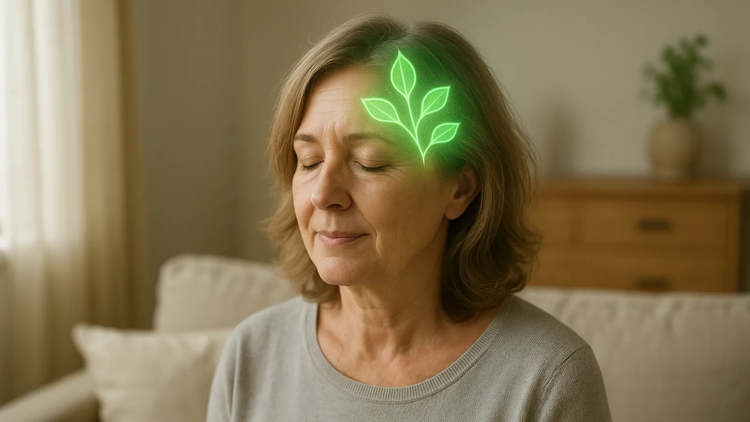 Photorealistic calm lady with a green plant-like mind design, symbolising panic attack relief and a retrained stress response through hypnotherapy.