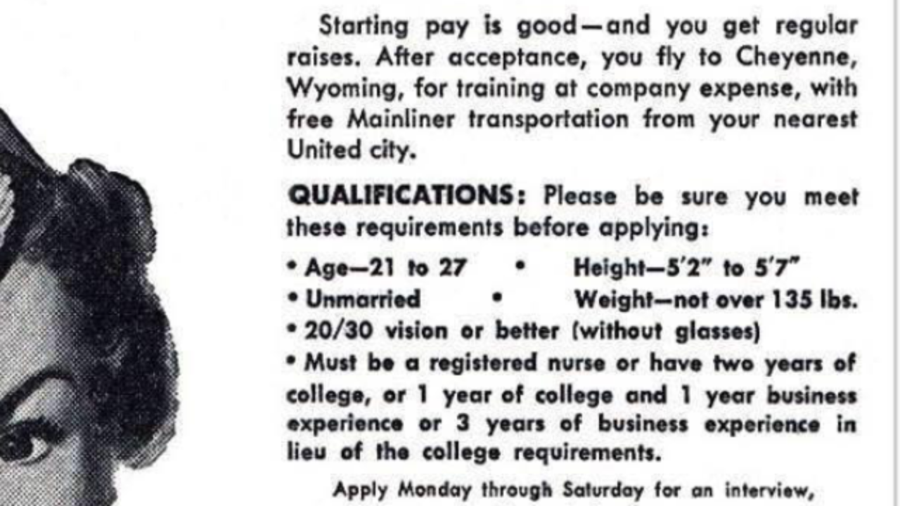 Historical photo of 1960s flight attendants, used to explain how early airline jobs enforced strict appearance rules and shaped cultural pressure around women’s bodies.