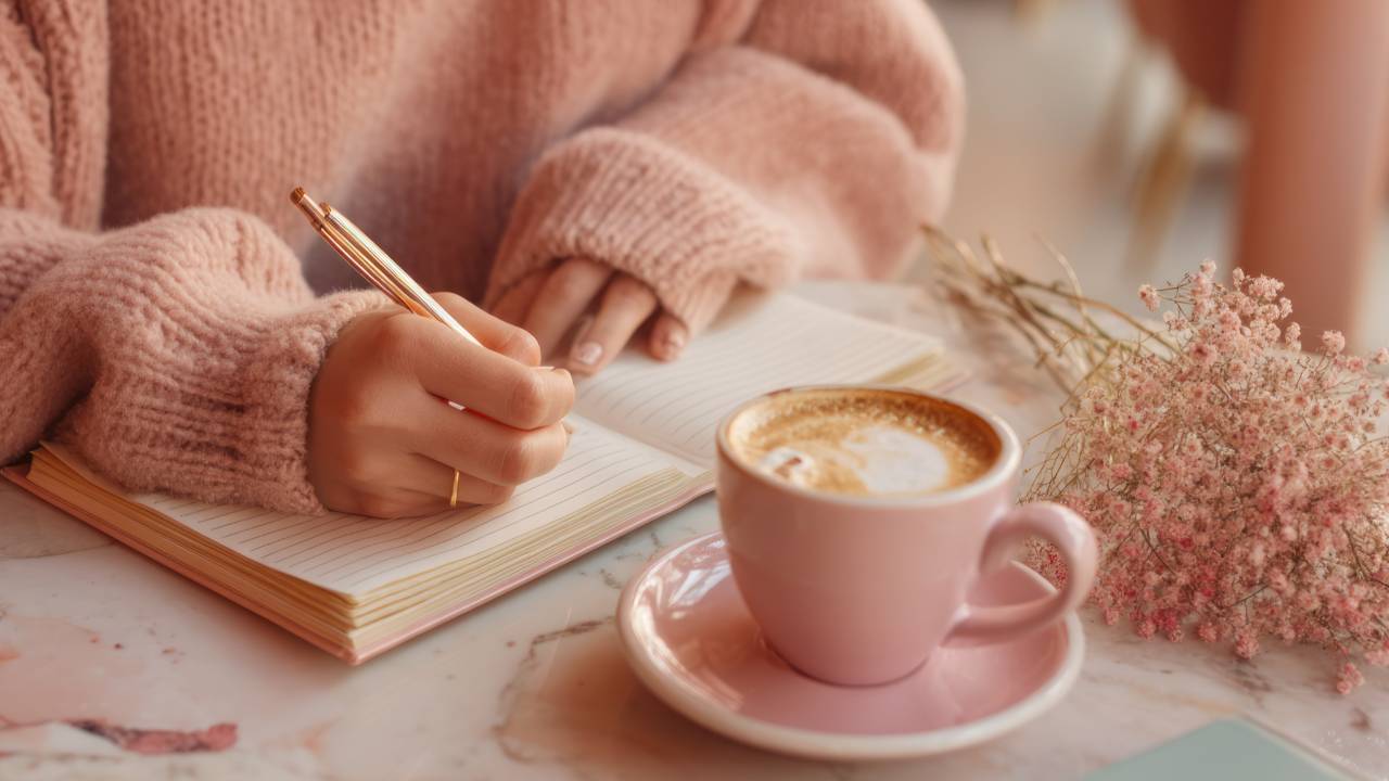 A woman in a soft pink sweater journaling at a marble table with a pink coffee cup and flowers, creating a calm and reflective moment while working to heal her relationship with money.