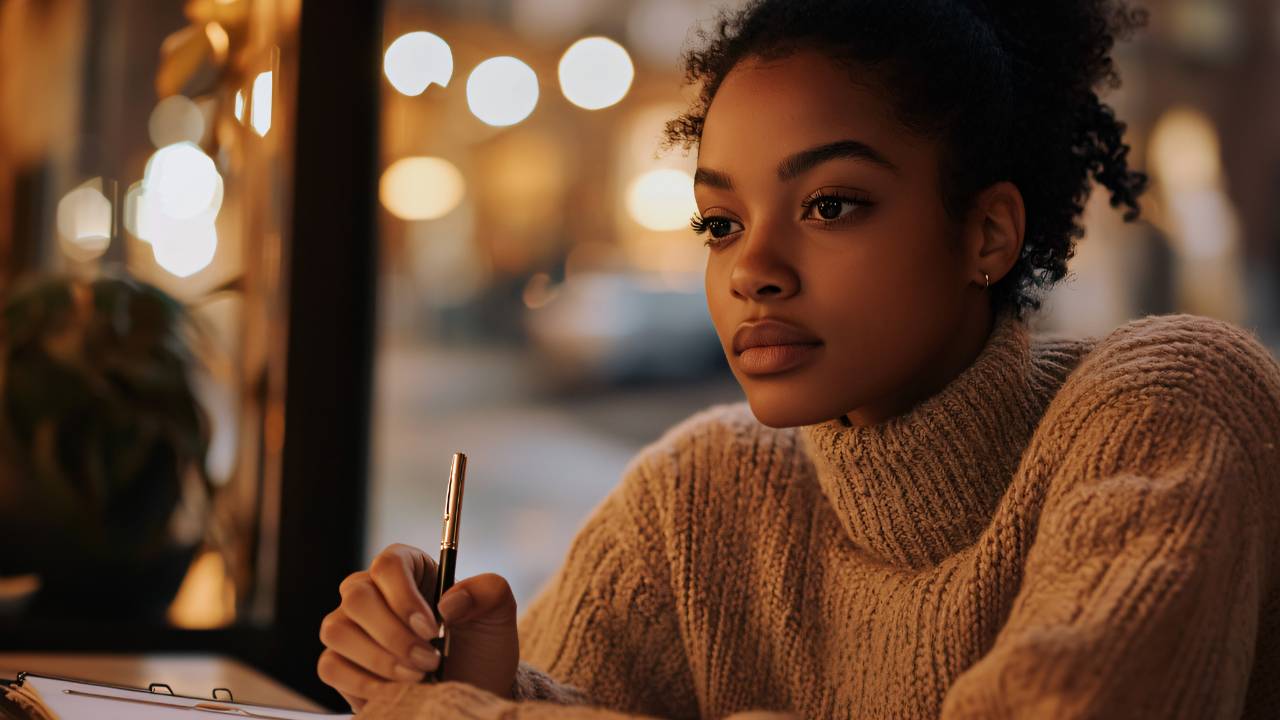 A woman sitting by a window with a journal and pen, reflecting quietly as she begins rebuilding her life after divorce.